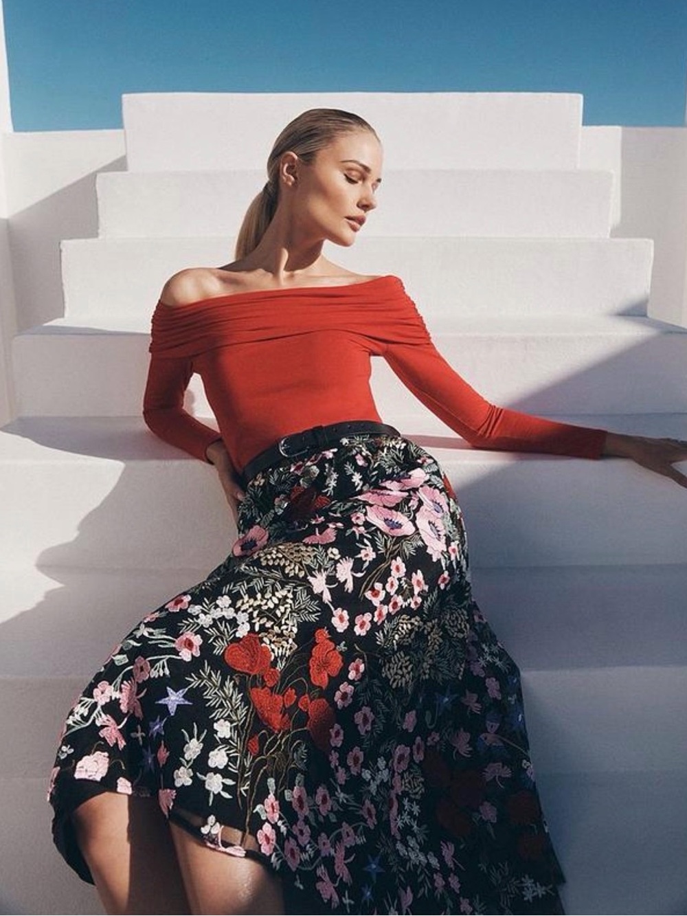 Aprico Black Midi Skirt with Pink & Red Floral Print